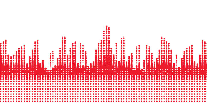 Abstract red background with sound wave equalizer bars illustrating a vibrant technology and music cityscape