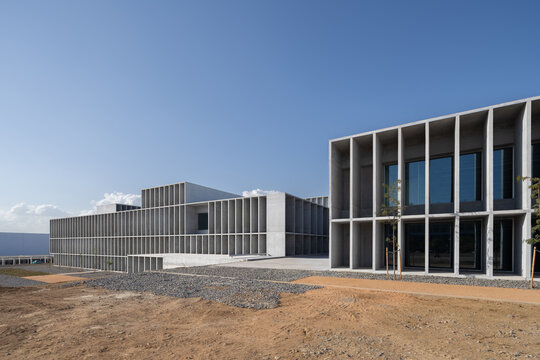 Brutalist university campus building with concrete design