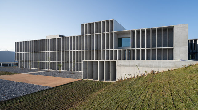 Brutalist university campus with concrete structure