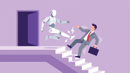Obraz premium Robot kicking businessman out of office door career automation concept