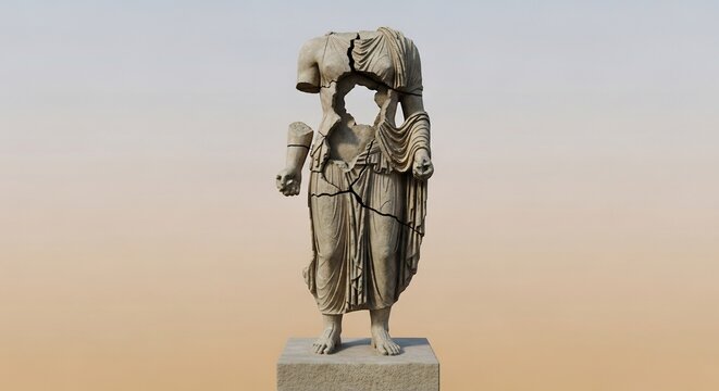 Fragmented armless statue on plinth Cracks expose missing torso