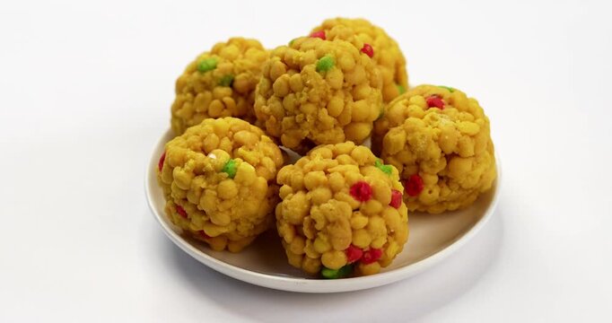 indian sweet motichoor laddoo&nbsp;or Bundi laddu made of gram flour very small balls or boondis which are deep fried and soaked in sugar syrup before making balls