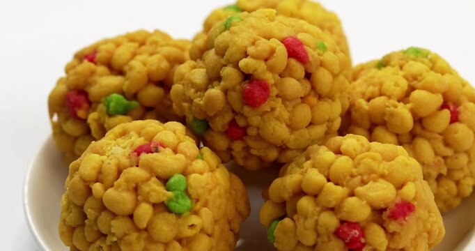indian sweet motichoor laddoo&nbsp;or Bundi laddu made of gram flour very small balls or boondis which are deep fried and soaked in sugar syrup before making balls