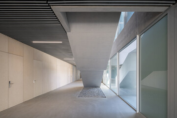 Brutalist university campus building with concrete design