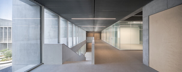 Modern brutalist university campus interior design