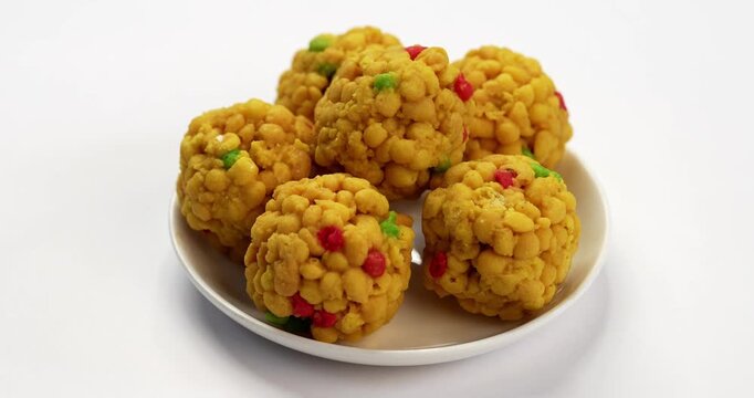 indian sweet motichoor laddoo&nbsp;or Bundi laddu made of gram flour very small balls or boondis which are deep fried and soaked in sugar syrup before making balls