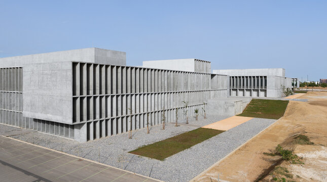 Brutalist concrete structure on university campus