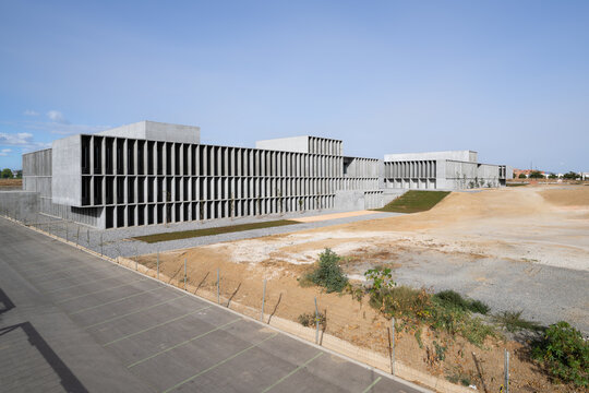 Brutalist concrete building on university campus