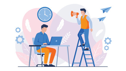 Office worker multitasking with clock and service worker on ladder