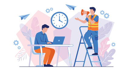 Office worker multitasking with clock and service worker on ladder