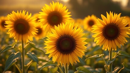 Obraz premium capitulate. Sunflowers swaying in a field during golden hour, nature scene. gardening catalogs, home-decor guides, designed for home decor and floral branding and gardening and botanical catalogs.