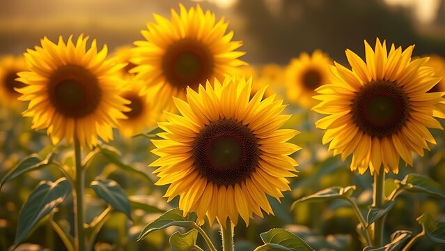 capitulate. Sunflowers swaying in a field during golden hour, nature scene. gardening catalogs, home-decor guides, designed for home decor and floral branding and gardening and botanical catalogs.