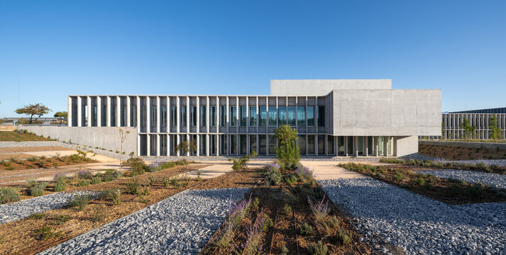 Brutalist concrete building on university campus