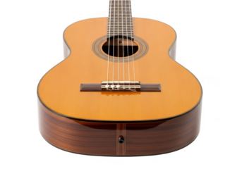 Classical acoustic guitar isolated on transparent background for music branding, web design, and promotion