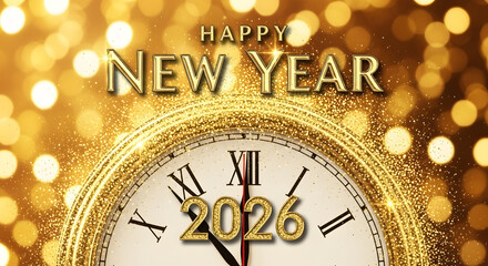 Happy New Year 2026 with Clock and Gold Bokeh Background.