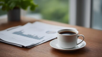 A cup of black coffee sits beside financial charts on a wooden desk near a window