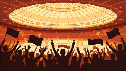 Crowd of fans cheering in a large stadium with flags under lights