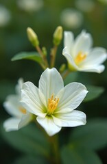 Fototapeta premium Close view of white petals with yellow center on a plant stem. Green leaves and buds visible in soft focus background. Natural beauty in garden setting.