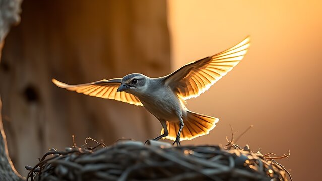 phonology. A young bird's first flight from the nest during the golden morning light. wildlife magazines, conservation campaigns, designed for nature documentaries and education.