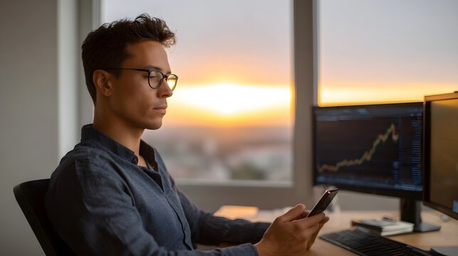 Focused man in glasses holds smartphone while analyzing financial data on computer monitors during sunset - Powered by Adobe