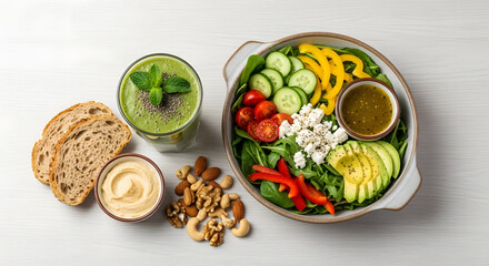 Healthy Vegetarian Salad with Fresh Vegetables and Nuts on White Background.