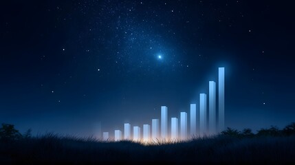 Fototapeta premium A bar graph representing financial growth rises from a grassy field under a starry night sky