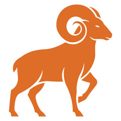 Mountain ram silhouette in orange, wild animal vector emblem, strong bighorn sheep icon design on white background.