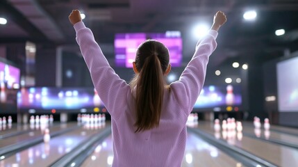 A person celebrating a strike with their arms raised, as the glowing pins scatter
