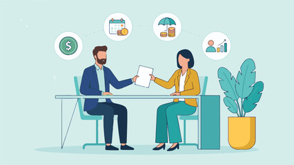 Two business professionals discussing financial planning and agreement