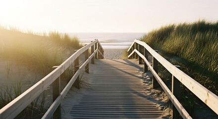Wooden Boardwalk Leading to a Serene Beach at Sunrise.