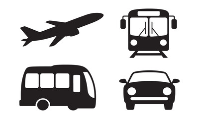 Black silhouette of plane, bus, car