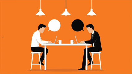 Two Businessmen Collaborating with Laptops and Speech Bubbles