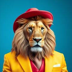 Lion with a red hat in a yellow suit