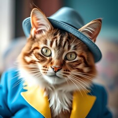 Domestic cat in a blue suit and a hat