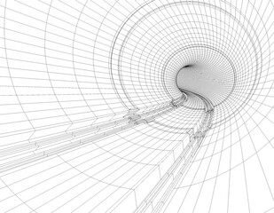 Túnel 3D en malla formado por líneas curvas que convergen hacia punto de fuga central en el espacio. flujo digital, perspectiva y abstracción geométrica.