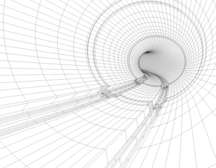 Túnel 3D en malla formado por líneas curvas que convergen hacia punto de fuga central en el espacio. flujo digital, perspectiva y abstracción geométrica.