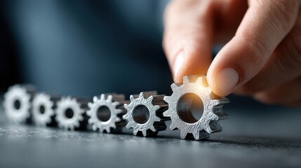 Hand places gear in series to illustrate continuous improvement, kaizen, and lean methodology, organizational process and problem solving, showing project and process management