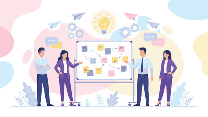 Business team brainstorming new ideas and strategy on a whiteboard