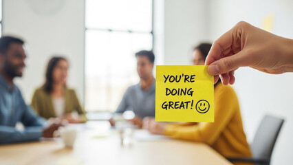 Hand holding motivational sticky note at business meeting