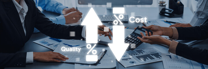 Business professionals in a modern office examine quality and cost metrics using charts and a calculator, focusing on financial analysis and strategic decision-making. Trope