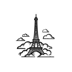 Fototapeta premium Eiffel tower sketch surrounded by clouds in black and white simple line art detailed illustration style