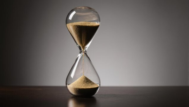 Hourglass on a table with sand flowing, time concept, close up.
