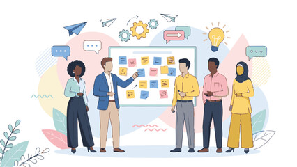 Diverse Business Team Brainstorming Ideas on Whiteboard with Sticky Notes