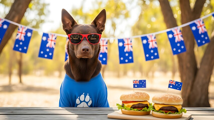 Funny dog wearing sunglasses and shirt celebrates australia day with burgers