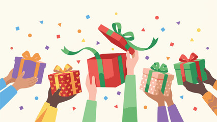 Group of diverse hands holding and opening festive gift boxes