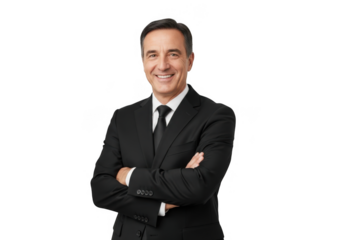 Smiling middle aged businessman in a suit with arms crossed isolated on transparent background for corporate branding and marketing design