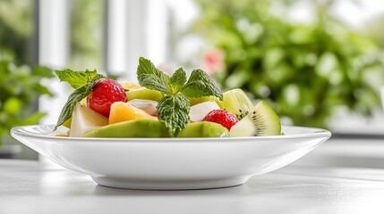 delicious bowl of fruit salad with bright, fresh fruit slices, on a white plate