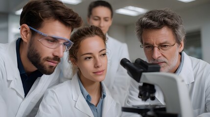 Fototapeta premium Scientists collaborating in a laboratory analyzing samples under a microscope