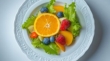delicious bowl of fruit salad with bright, fresh fruit slices, on a white plate