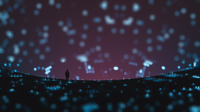 Silhouette of man standing in front of technological black hole scene